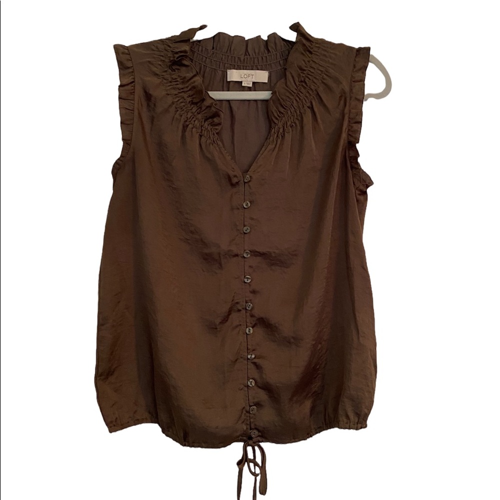 Loft Brown Button Front Ruffled Top Size Small - image 1
